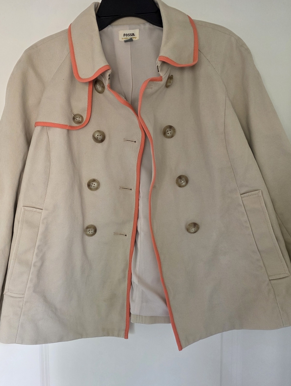 Fossil Beige Pea Coat with Coral Trim Size M